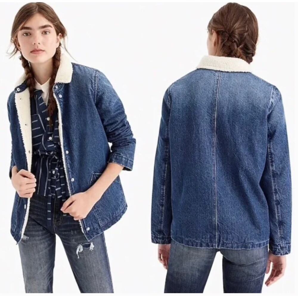 J.CREW DENIM JACKET SHERPA LINED CASUAL CLASSIC FRONT SNAP CLOSURE WOMEN SIZE S